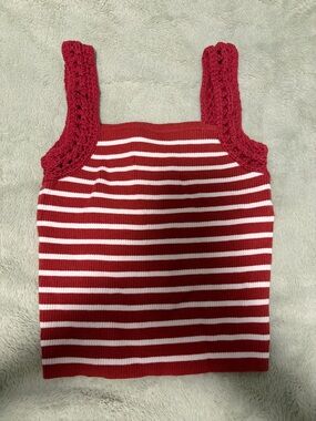 aerie Red and White Striped Knit Tank with Crochet Straps
